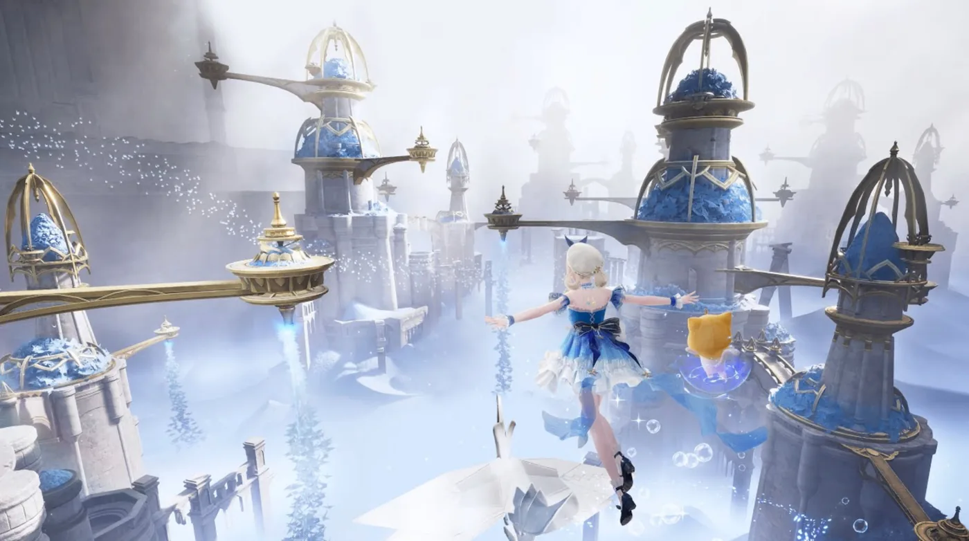 Infinity Nikki Dream Warehouse in Florawish — a misty realm of golden domes filled with blue dream blossoms